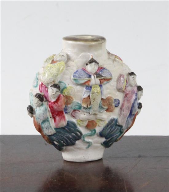 A Chinese famille rose moulded porcelain snuff bottle, Qianlong mark, c.1821-50, height 6.2cm